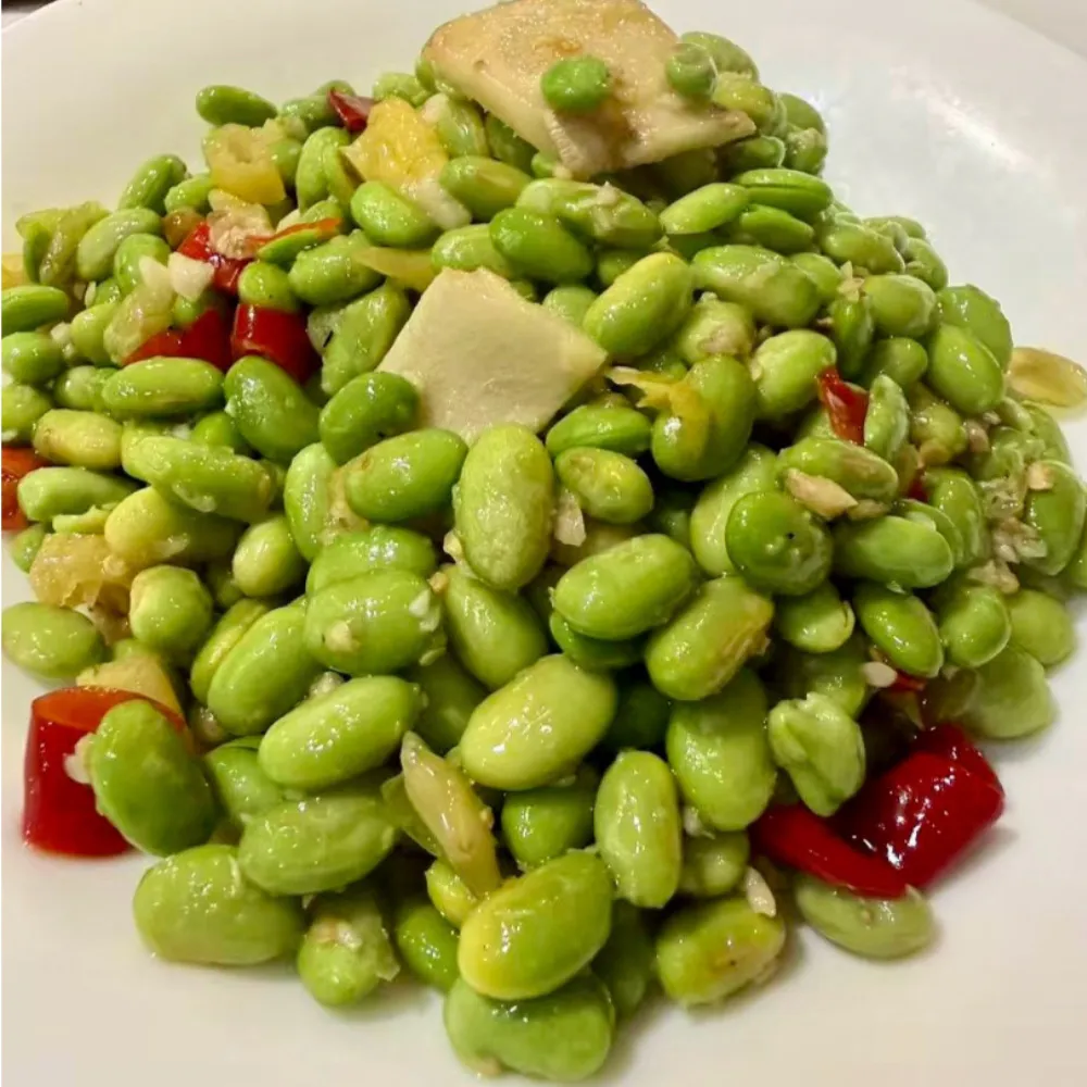 Stir-fried fresh edamame seasoned with chili and ginger at Xu's grill, a Chinese Restaurant in Flushing